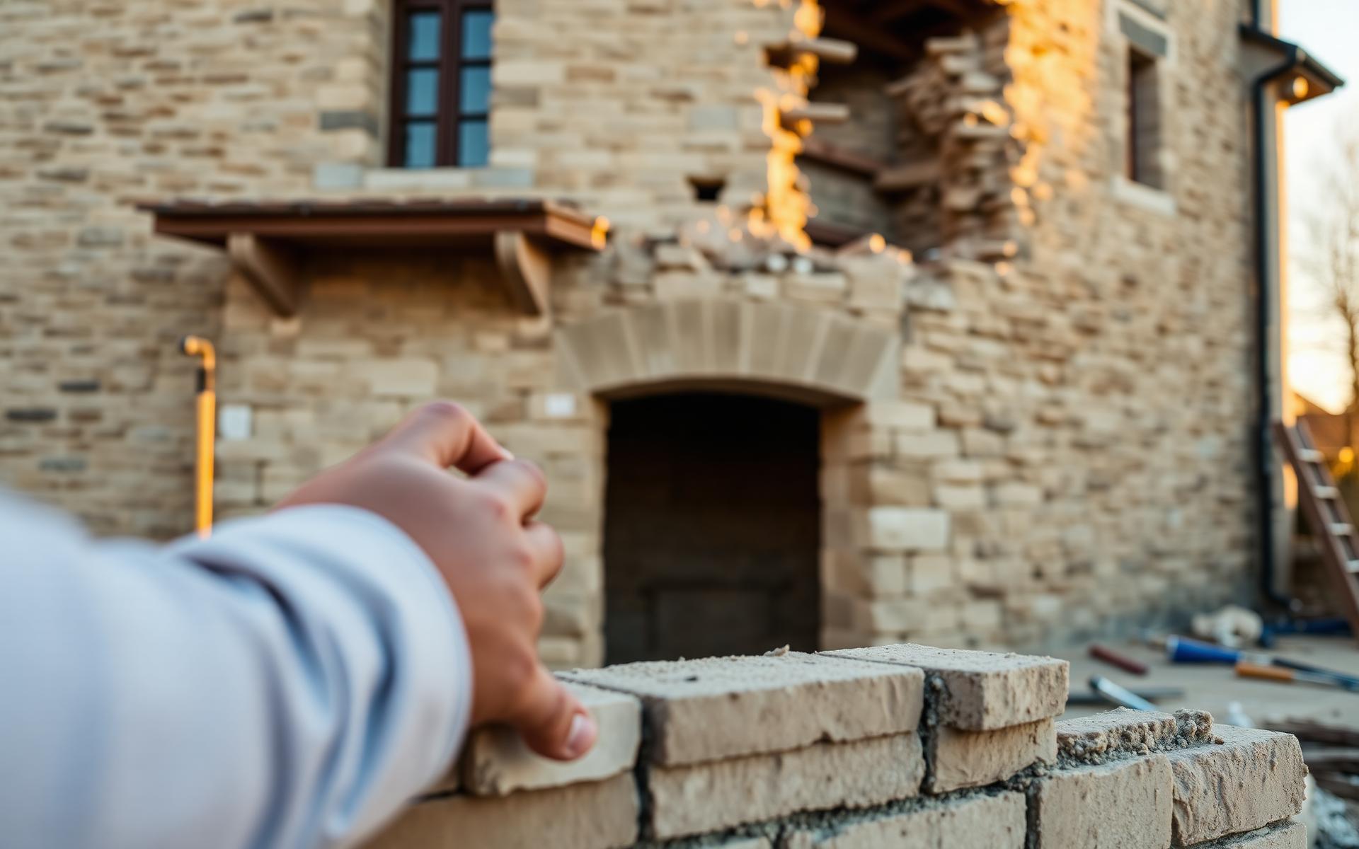 Chantier de maçonnerie sur une bâtisse en pierre en Bourgogne, mains d'artisan posant des pierres au coucher du soleil